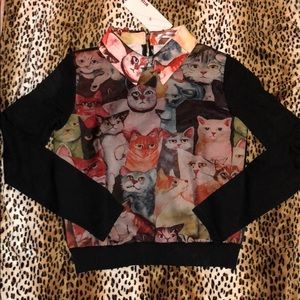 Wiseme top with cats small black sheer overlay